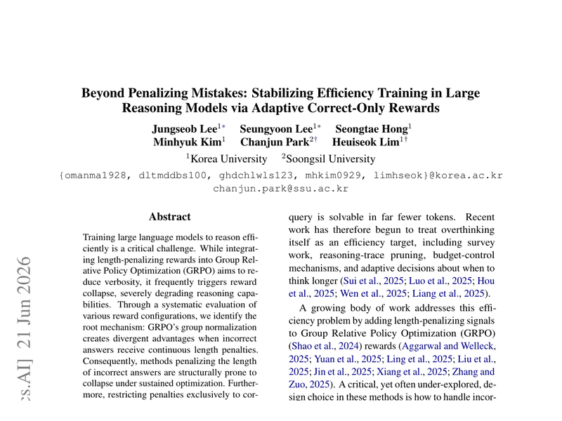 Beyond Penalizing Mistakes: Stabilizing Efficiency Training in Large Reasoning Models via Adaptive Correct-Only Rewards teaser