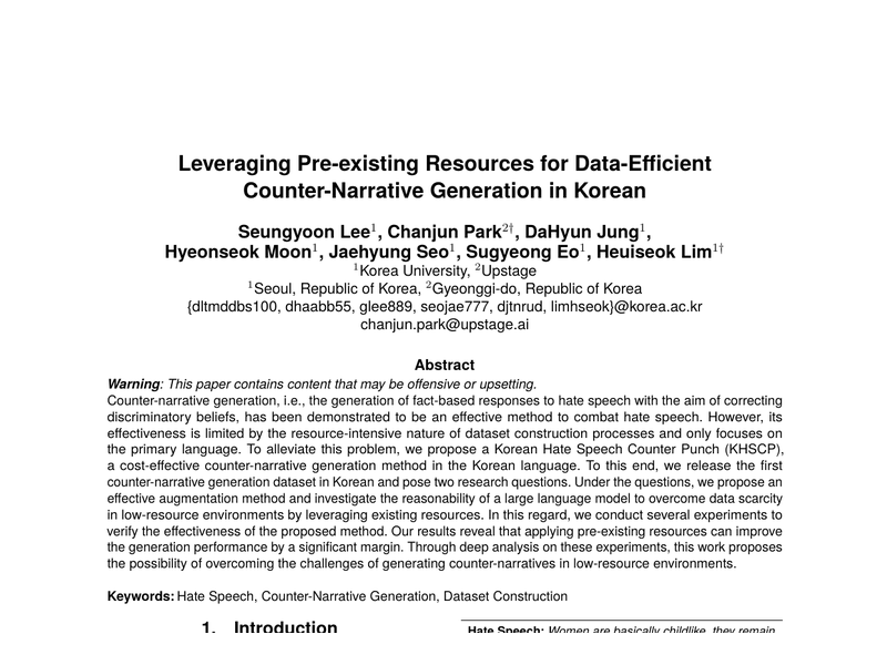 Leveraging Pre-existing Resources for Data-Efficient Counter-Narrative Generation in Korean teaser