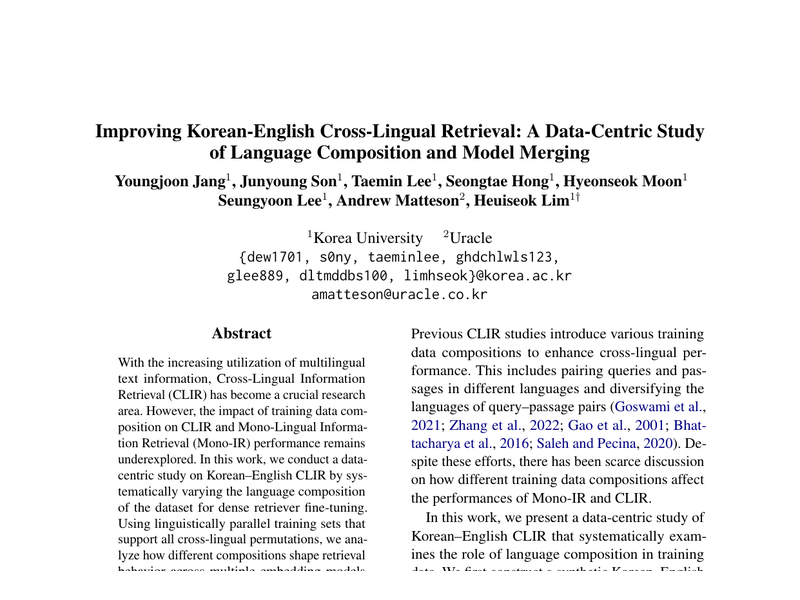 Improving Korean-English Cross-Lingual Retrieval: A Data-Centric Study of Language Composition and Model Merging teaser