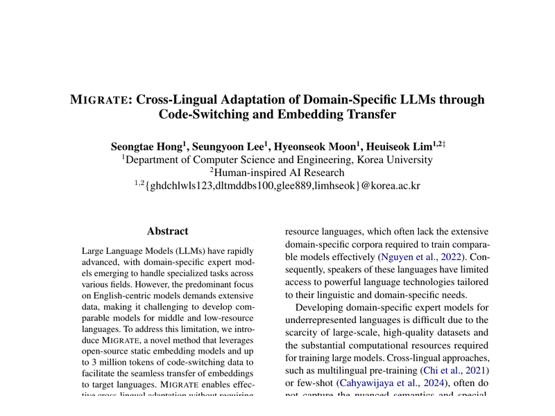 MIGRATE: Cross-Lingual Adaptation of Domain-Specific LLMs through Code-Switching and Embedding Transfer teaser
